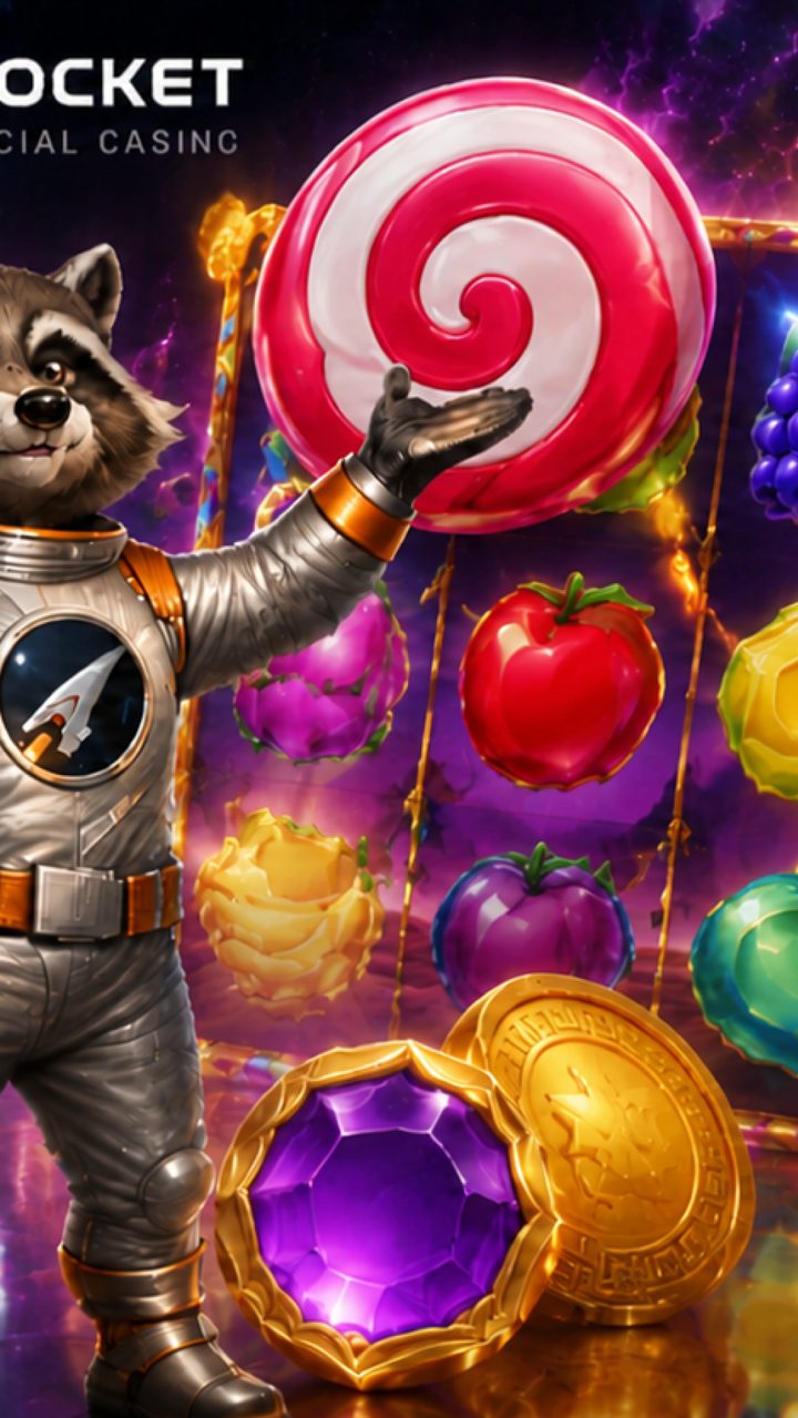Raccoon astronaut with a lollipop symbol
